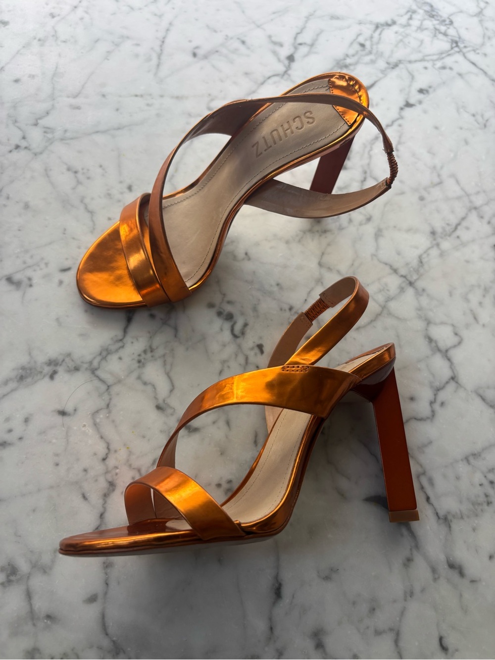 SCHUTZ Metallic Orange Cross-Strap Slingback Heels